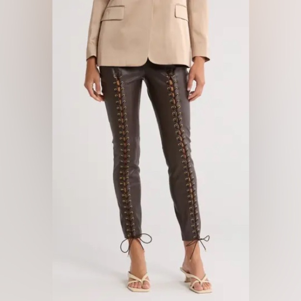 New Autumn Adeigbo Emma Lace up Faux Leather Pants In Brown Vegan Sz 4